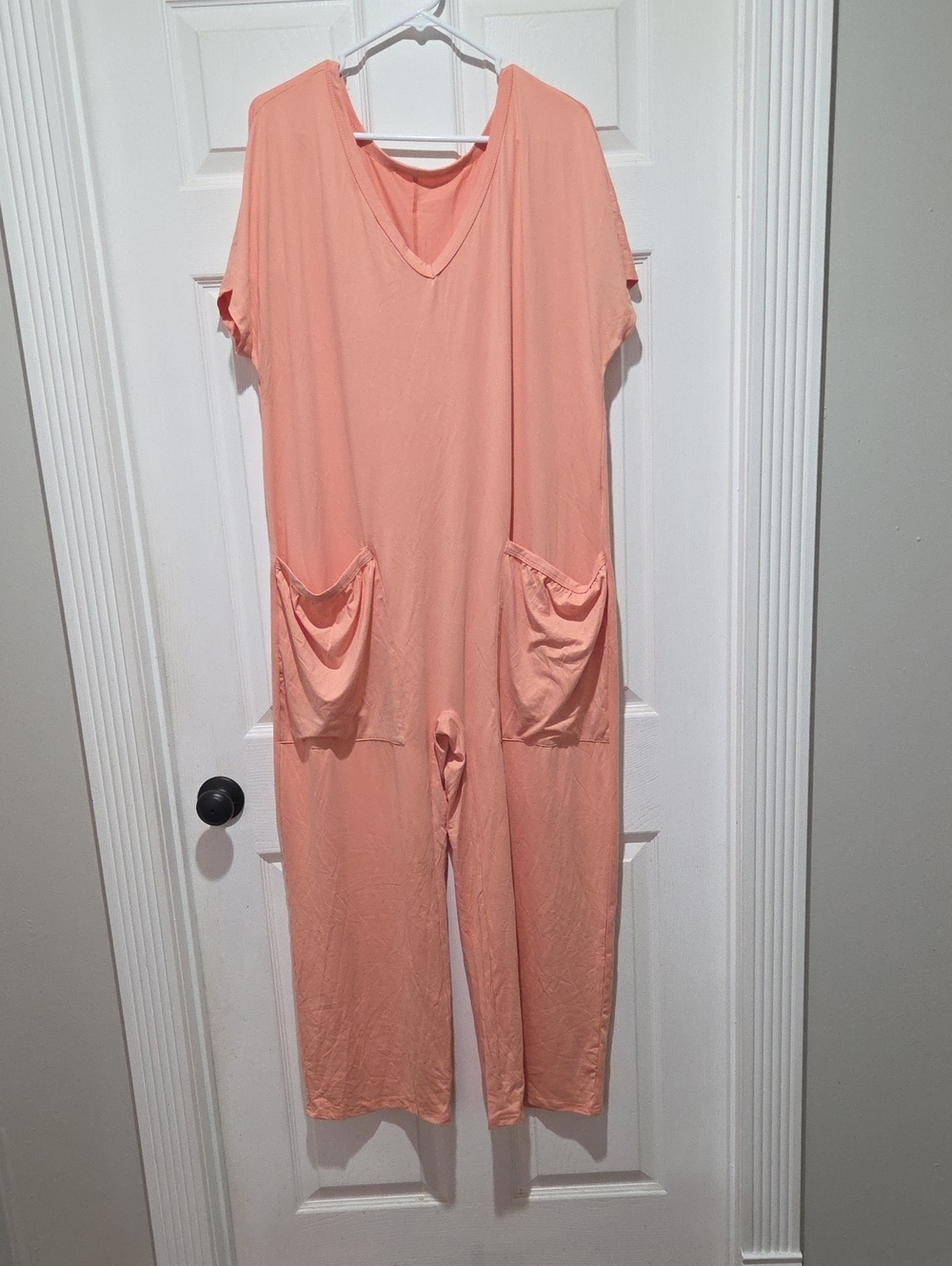NEW Peach V-Neck Short Sleeve Jumpsuit with Front Pockets